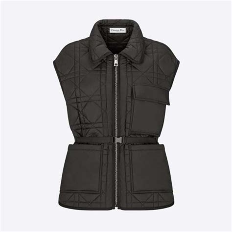 Macrocannage Belted Vest Black Quilted Technical Taffeta 